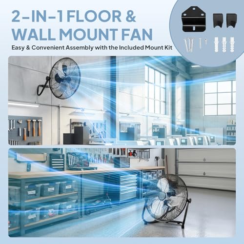 ROVSUN 16" High Velocity Floor Fan with Wall-Mounting System, 3-Speed Heavy Duty Metal Industrial Fan with Adjustable Tilt, Wall Mount Fan Cooling for Commercial, Garage, Workshop, Greenhouse, 2-Pack - size: 16'' (2-pack)