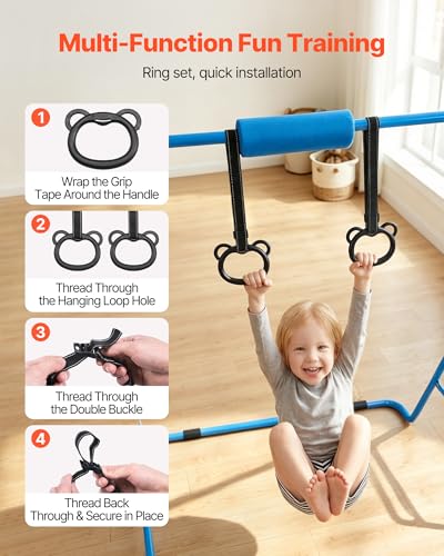 VEVOR Gymnastic Bars for Kids, 140 lbs Capacity Folding Training Kip Bar with Mat, 5 Adjustable Height Gymnastic Horizontal Bar Home, Training Equipment for Indoor Outdoor, Easy Assemble - color: Blue