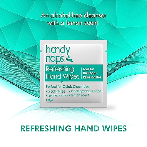 Handynaps Alcohol-Free Hand Wipes With Fresh Lemon Scent, Gentle On The Skin - Box of 100 Individually Wrapped Wipes For Adults and Kids, Travel Essentials - size: 100 Count (Pack of 1)