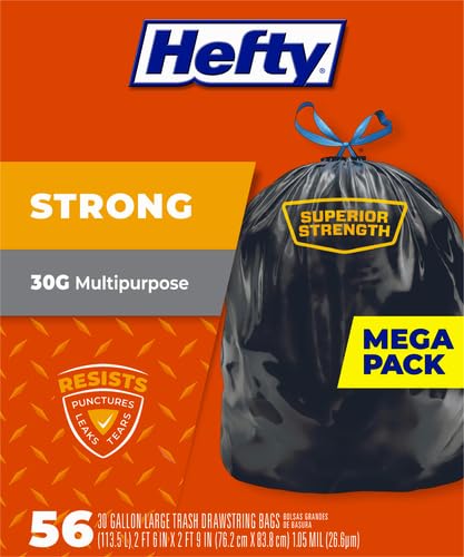 Hefty Strong 30 Gallon Trash_Bags, Large Trash-Bags 30 Gallon Size, Durable Drawstring Enclosure, Resists Punctures, Leaks, and Tears, Black, Unscented, 56 Bags (Pack of 3) - size: 56 Count (Pack of 3)