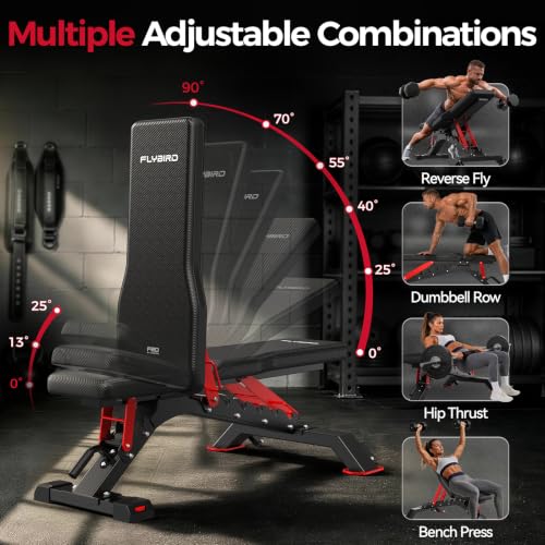 FLYBIRD WB7 Weight Bench, 1300LBS Commercial Adjustable Weight Bench, Workout Bench for Home Gym, Flat Incline Bench Press Heavy Duty Bench with 34'' Extra-Long Backrest and Easy-Roll Wheels - color: Black