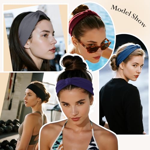 Headbands for Women, Wide Elastic Head Bands, Non-Slip Thick Hair Bands, Sports Stretchy Sweat Bands, Large Knotted Soft Headband for Washing Face, Makeup, Workout, Spa, Fashion - color: PurpleGrayWhiteRedNavyBlack