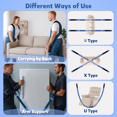 NOCOEX Moving Straps for Heavy Object - 2-Person Lifting and Moving System with Soft Back Pad - Shoulder Lifting Straps for 2 Movers to Easy & Safe Carry Furniture Appliance Mattresse Up to 880lbs - color: Blue