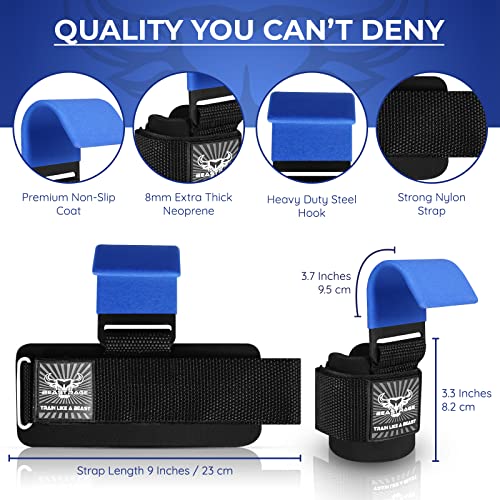 BEAST RAGE Weight Lifting Hooks (Pairs) for Men Anti Slip Durable Coated Grip Wrist Straps for Pull Ups Deadlift Strength Fitness Bodybuilding Women Hook Exercise - color: Blue