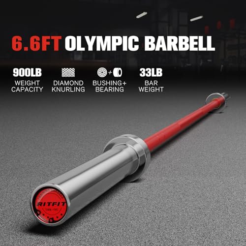 RitFit Elite 7ft Olympic Barbell, Robust 45lb Barbell for Weightlifting and Powerlifting, Superior Olympic Bar with Exceptional 500lbs Load Capacity, Weight Bar for 2” Standard Plates - color: Silver/Red, size: 6.6 ft 900 lb 33 lb without Collar