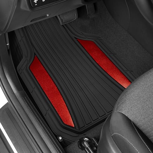 Motor Trend ChromeTech Car Floor Mats Full Set - Durable Rubber Floor Mats for Cars with Two Tone Accent, All Weather Interior Protection for Front and Rear with Non-Slip Backing, Red Chrome - color: Black & Red