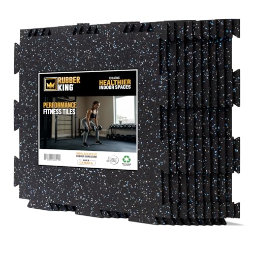 Rubber King 10 Piece Interlocking Tiles 19" x 19" x 6mm - 100% Recycled Rubber Gym Floor Tiles, Exercise Mat for Home Gym, Anti-Slip Low-Odor Interlocking Puzzle Floor Tiles - 23.5sq ft - color: Grey/Blue