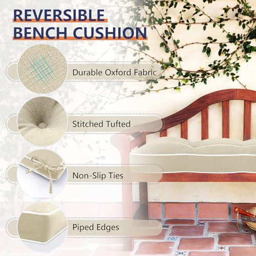 Favoyard Indoor/Outdoor Waterproof Bench Cushion, Beige 42 x 16 inch | 3-Year Fade-Resistant Tufted Pad for Patio Garden Porch Swing Window Kitchen, Non-Slip Ties, High-Density Support, Piped Edge - color: Beige, size: 42 x 16 In