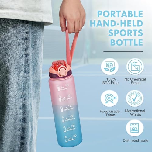 Water Bottle with Straw 1L,Boys Water Bottles with Straw 1 Litre,Waterbottle Leak-Proof Sports Water Bottle,Plastic Drinks Bottles Toxin Free，Bpa-Free (Pink Blue) - color: 10-Pink Blue
