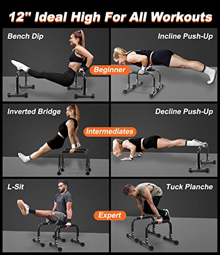 Push Up Bar, 12 Inch High Non-Slip Parallettes Bars & Dip Bars With Foam Handles, Heavy-Duty No Wobbling Calisthenics Equipment For Handstand, L-Sit, Gymnastics, Strength Training Home Gym Use - color: Black