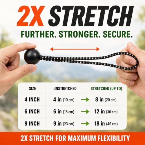 Heavy Duty Ball Bungee Cords 25lbs Breaking Strength, Stretches to 12 Inch, 50 Pcs 6 Inch Cords with Large 1-Inch Ball, UV Resistant Tarp Tie Downs for Canopy, Camping, Tents, Tarps, Black/White