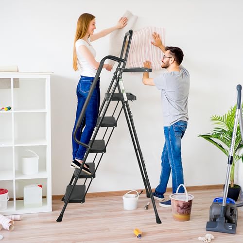 Arbusb Step Ladder, Folding Step Stool with Wide Anti-Slip Pedals, Sturdy Steel Ladder with Handrail, Space-Saving, Portable for Home & Adults, 5 Step Ladder - size: 5-step