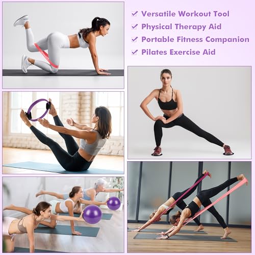 Goocrun Pilates Ring Set Exercise Equipment, with Exercise Resistance Bands Set, Pilates Ball, Sliding Disks. Portable Home Gym - with Fitness Guide Poster - color: Purple, size: Basic-level
