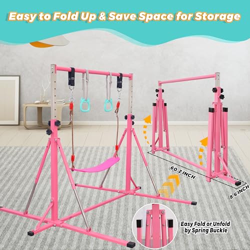 FC FUNCHEER Foldable Gymnastics Bar,5FT Horizontal bar,Adjustable Kids Training bar for Kids Ages 3-15,Kids Gymnastics bar,Triangle Stable Structure-Gym Equipment for Home - color: Pink, style: Bar-Swing-Rings