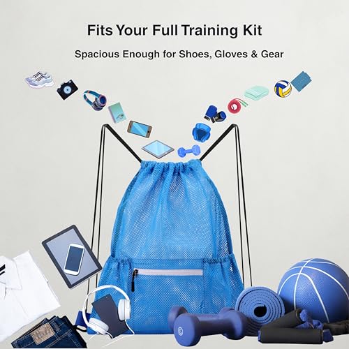 Mesh Sports Drawstring Bag, Large Breathable Gym Sack for Boxing Gloves, Boxing Equipment, Shoes & Training Gear, Lightweight & Durable (Blue) - color: Blue