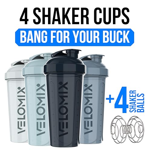 VELOMIX 4 Pack 28oz Shaker Cups for Protein Shakes, Aqua Depths | 4x Wire Whisk, Leak Proof Protein Shaker Bottle for Protein Mixes, Stackable, Dishwasher Safe, Gym Ready, Measurement Marks - color: A1) Aqua Depths