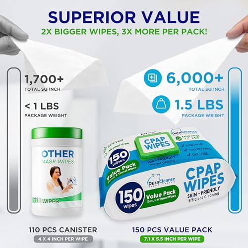 Dura Cleanse CPAP Mask Cleaning Wipes - 4 Pack, 4x150 Count + 24 Travel Sheets - Extra Large and Moist Cleaning Wipes for Full Face, Nasal Masks, CPAP Machines & Supplies - Skin Safe with Aloe Vera - size: 150 Count (Pack of 4)