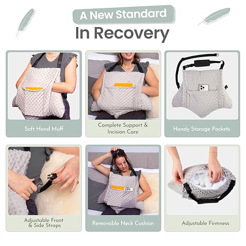 MOYOAMA Hysterectomy Pillow Post Surgery – Form-Fit Support Shield with Secure Straps, 2 Pockets, & Cozy Muff – After Hysterectomy Recovery Must-Haves, Post-Op C-Section Pillow Post Surgery Gifts - color: Moonlight Grey