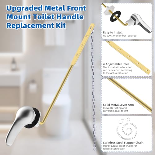 Hibbent Metal Front Mount Toilet Handle Replacement Kit, Chrome | Upgraded Metal Flush Lever, Universal Toilet Flush Handle Fit Front Tanks, Stainless Steel Flapper Chains, 4 Adjustable Holes - color: Chrome, style: Classic