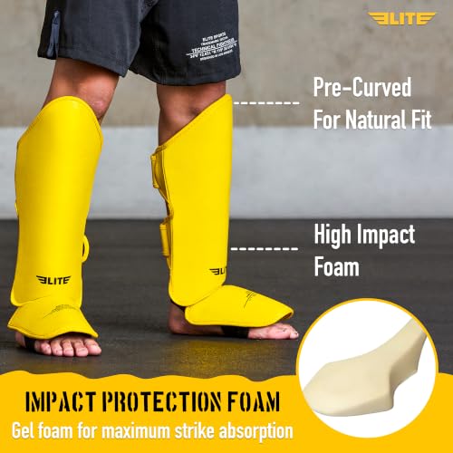 Elite Sports Muay Thai MMA Kickboxing Boys and Girls Shin Guards for Age 4 to 14 Years, Instep Guard Sparring Protective Leg Shin Kick Pads for Kids - color: Yellow, size: Medium