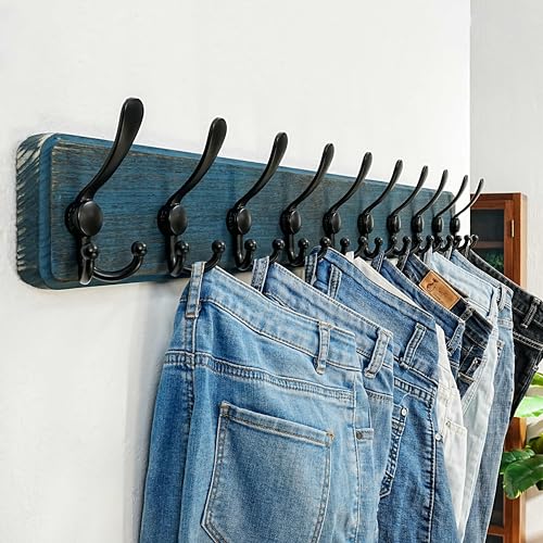 Dseap Coat Rack Wall - Heavy-Duty 38-1/4" Long, with Reinforced 10 Custom Tri-Hooks, Solid Wood Wall Hanger for Coats Hat Jackets - Rustic Farmhouse Entryway Hallway Storage, Weathered Blue & Black - color: Weathered Blue & Black, size: L=38.3"