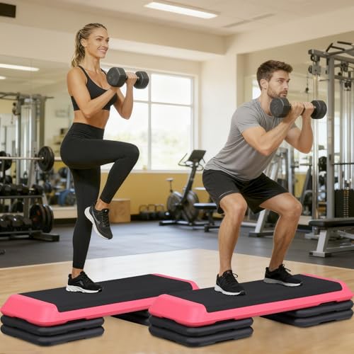 ZENY 43'' Exercise Aerobic Step Platform, Adjustable Fitness Stepper with 4 Stackable Risers, Aerobics Stepper Workout Stepper for Home Gym Cardio Strength & Training - color: Rose Pink