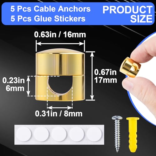 SmallCat 5 Sets Charger Holders for Cords, Gold Adjustable Cable Anchor Holders, Adhesive Metal Cord Clips, Cable Management Wire Organizers for Desk, Office, Nightstand - color: Gold, size: 5 Sets