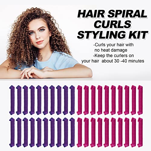 40pcs Heatless Spiral Hair Rollers with Styling Hooks, 22inch/55cm, No Heat Damage, DIY Kit for Long & Medium Hair - color: Purple&Red