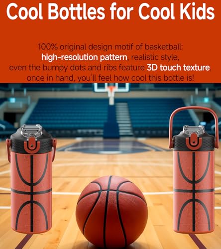 MYFOREST 14oz/400ml Insulated Kids Water Bottle, Odor-free Liner, 3D Touch | No Plastic Taste, Surgical Steel - No Chemical Leaching, Name Spot, Soft Sipper, Gift for Sports Fan, Basketball - color: Basketball