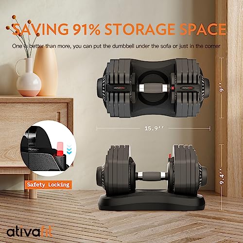 ATIVAFIT Adjustable Dumbbells Set, 5–88LB Quick Adjust Free Weights with Double Safety Lock & Anti-Slip Steel Handle, Space Saving Home Gym Equipment for Full Body Strength Training - color: 88LBS-Black, size: Single