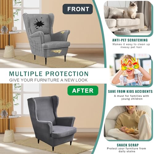 NILUOH Wingback Chair Slipcover 2 Pieces, Stretch Spandex Wingback Chair Covers Washable Slipcover for Wingback Armchairs Non-Slip Furniture Protector with Elastic Bottom for Living Room - color: Dark Gray