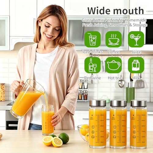 12oz Glass Juice Bottles, 4 Pack | Leakproof stainless steel lids, BPA-free heat resistant glass jars, perfect for juice, smoothies, milk and protein beverages