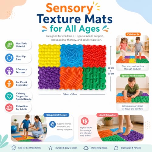 Edusense TPU Sensory Floor Tiles - Textured Puzzle Play Mat for Autistic Kids, Non-Slip Massage Game Mats for Sensory Indoor & Outdoor Use|6 Textures Interlocking Tiles for Sensory Therapy - color: Classical