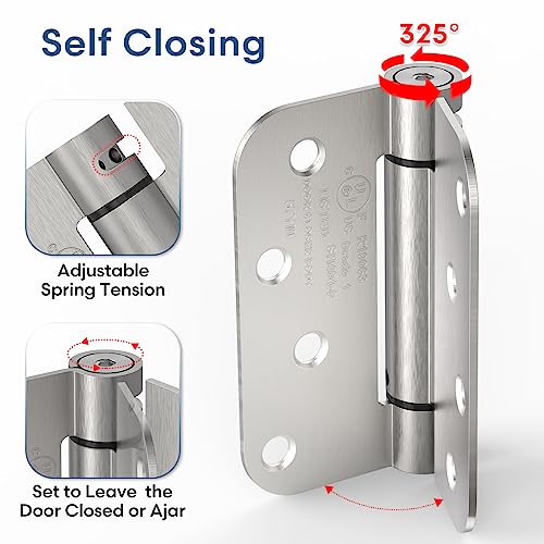 2 Pack 4 Inch Self Closing Door Hinges, Satin Nickel | Spring loaded; adjustable tension; 5/8" radius corners; UL listed; for front and back doors; left or right hand swing - color: Satin Nickel, size: 4" (2 Pack)