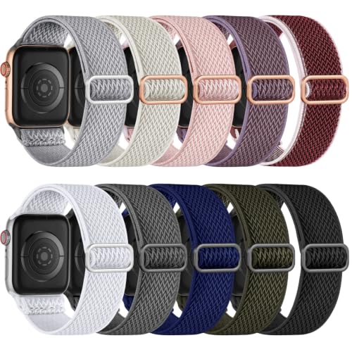 Maledan 10 Pack Stretchy Nylon Bands Compatible with Apple Watch Band Women Men 38mm 40mm 41mm 42mm 44mm 45mm 46mm 49mm, Solace Elastic Braided Strap for iWatch Series 11 10 9 8 7 6 5 4 3 2 1 SE Ultra - color: Wave-Light Gray/Black/Starlight/Rose Pink/Smo