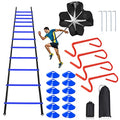 Speed & Agility Ladder Training Equipment Set, Includes 12 Rung 20ft Agility Ladder, 4 Agility Hurdles,12 Disc Cones, 1 Resistance Parachute for Training Football Soccer Basketball Athletes - color: blue