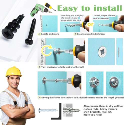 100Pcs #8 Self Drilling Black Metal Drywall Anchor and Screws kit | 50 Heavy Duty Sheetrock Anchors, 50 1-1/4'' Flat Head Screw-Hold 75lbs for Drywall/Plaster/Hollow Door Wall Hanging/ Mounting - size: 50 pack, style: Black Anchors