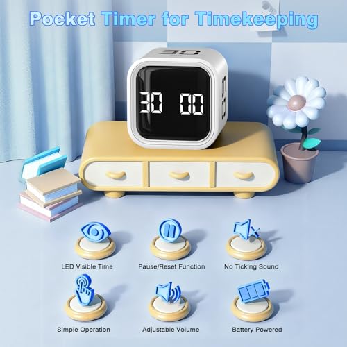 Cube Pomodoro Timer, Smart Productivity Timer 5/10/30/60 Minutes & Custom Countdown, Pause & Resume, Adjustable & Silent Visual Timer, Portable Rotation Multi Desk Timer for Study Task Work Kitchen - color: White