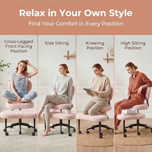 Cross Legged Office Chair with Wheels, 360 Swivel Height-Adjustable Meditation Chair with Lumbar Support, Pink - color: Pink, size: Oval Back
