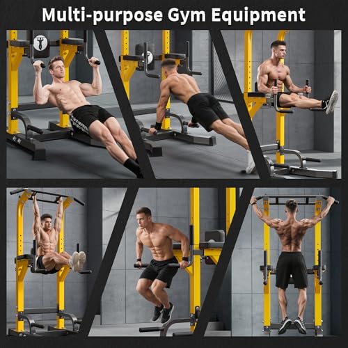 SogesHome Power Tower Pull Up Bar Dip Station for Home Gym 330LB Capacity | Adjustable Height 65.7"-87" Exercise Workout Machine with Comfort Pads & Anti-Slip Grips for Full Body Strength Training - color: Yellow
