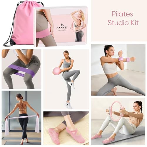 NANATI Pilates Kit, Home Pilates Workout Kit for Women, Pilates Equipment with 14.5" Pilates Ring and Ball, Resistance Bands, Ankle Weights, Sliders & Grip Socks for Home Workouts - color: New Pink