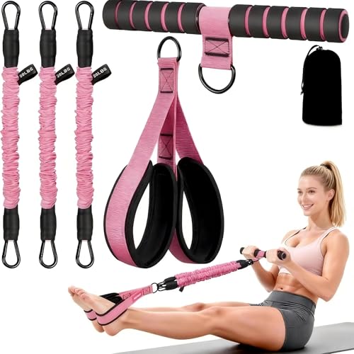 Resistance Exercise Band with Handles, Workout Band Weight Band for Physical Therapy,Strength Training Home Gym Fitness,with Door Anchor & Storage Bag. - color: Pink(30LBS,30LBS,30LBS）