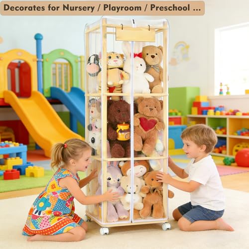 Stuffed Animal Storage Zoo with Dust Cover & Wheels — Large Wooden Stuffy Organizer Display Tower, Thick Plushie Holder with Elastic Band for Kids Room, Perfect for Nursery Bedroom Nursery Playroom