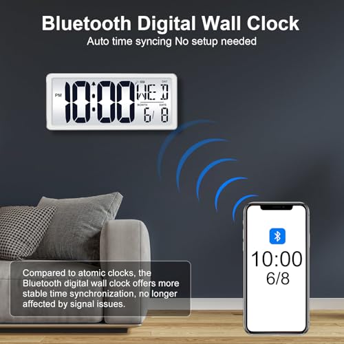 Bluetooth Time Sync Digital Wall Clock Battery Operated with Backlight, Auto DST Large Digital Wall Clock with Day, Date & Temperature, 15'' Large Digital Clock for Home, Bedroom, Office - color: White