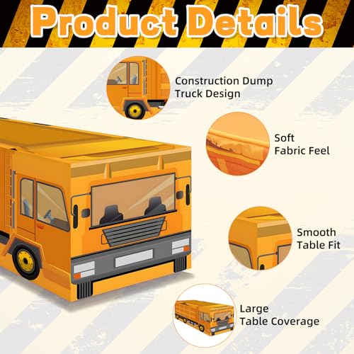 6FT Construction Dump Truck Tablecloth, Bold Yellow Heavy Equipment Print Washable Reusable Fabric Table Cover for Kids Birthday Table Decor, Construction Party Supplies, and Truck Theme Decorations - color: Dump Truck