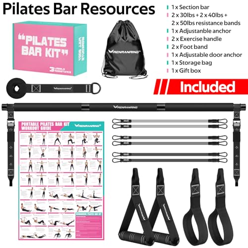 Pilates Bar Kit with 6 Latex Resistance Bands, Adjustable Exercise Bar - color: Black Pro