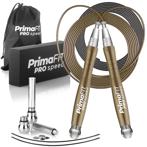 PrimaFIT Pro Speed Jump Rope for Adults, Weighted Skipping Rope for Boxing | Adjustable Jumping Rope for Fitness Workout & CrossFit Exercise, Double Unders, Handle Weights, 3m Cables 2 Protectors, Bag - color: Bronze