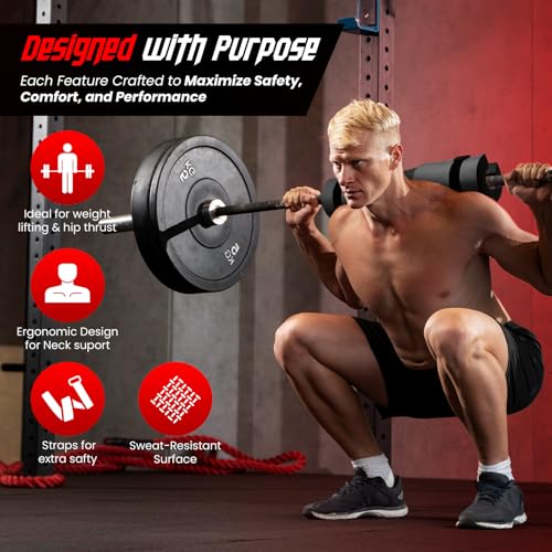 Barbell Pad for Squats & Hip Thrusts – 1.2” Extra-Thick High-Density Foam – Non-Slip Neck & Shoulder Support Cushion – Fits Olympic & Standard Bars – Quick On/Off Design + 2 Securing Straps - color: Black