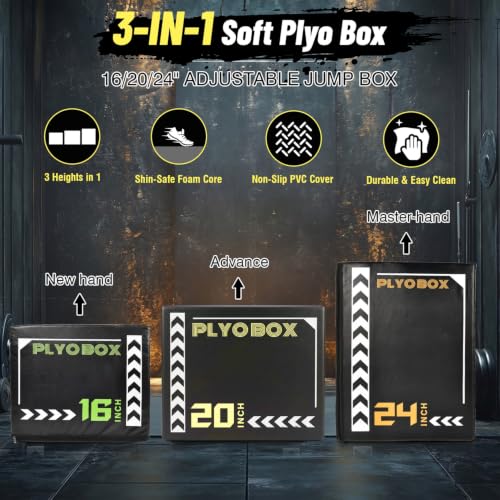 Soft Plyo Box 12/14/16 in Foam Jump Trainer for Home Gym - size: 24+Black