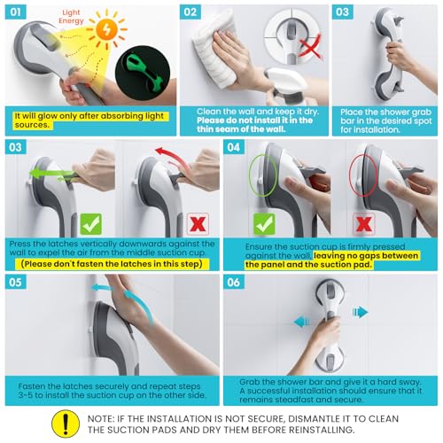 TAILI Shower Grab Bar Glow in The Dark, 2 Pack 12.2 in Grab Bars for Bathtubs and Showers,Shower Handles Rails for Seniors and Elderly,Bathroom Safety Grip Removable No Drilling Waterproof Grey,G9 - color: Grey& Glow Green, size: 12.2"